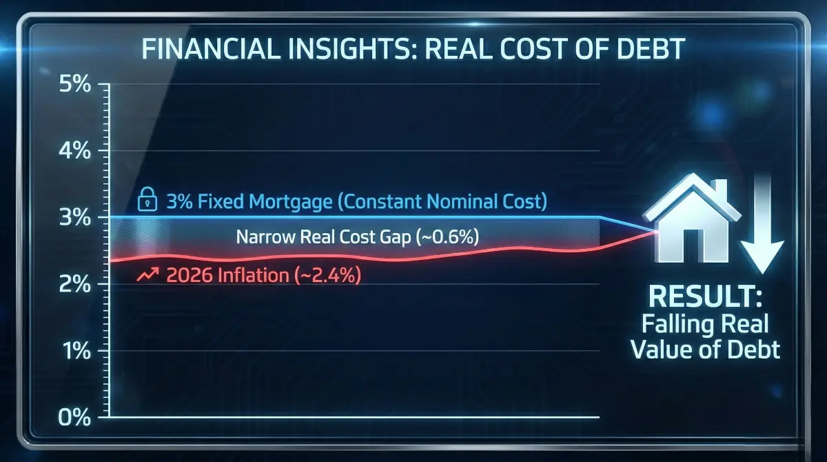 A professional financial dashboard comparing a 3% fixed mortgage rate against 2.4% inflation in 2026. The visualization highlights a 0.6% real cost gap and the resulting decrease in the real value of debt.