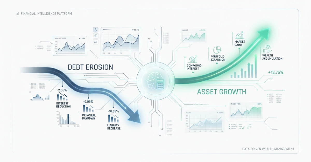A data visualization showing intersecting financial paths for debt payoff versus investing strategies in a 2026 economic environment, emphasizing analytical decision making.