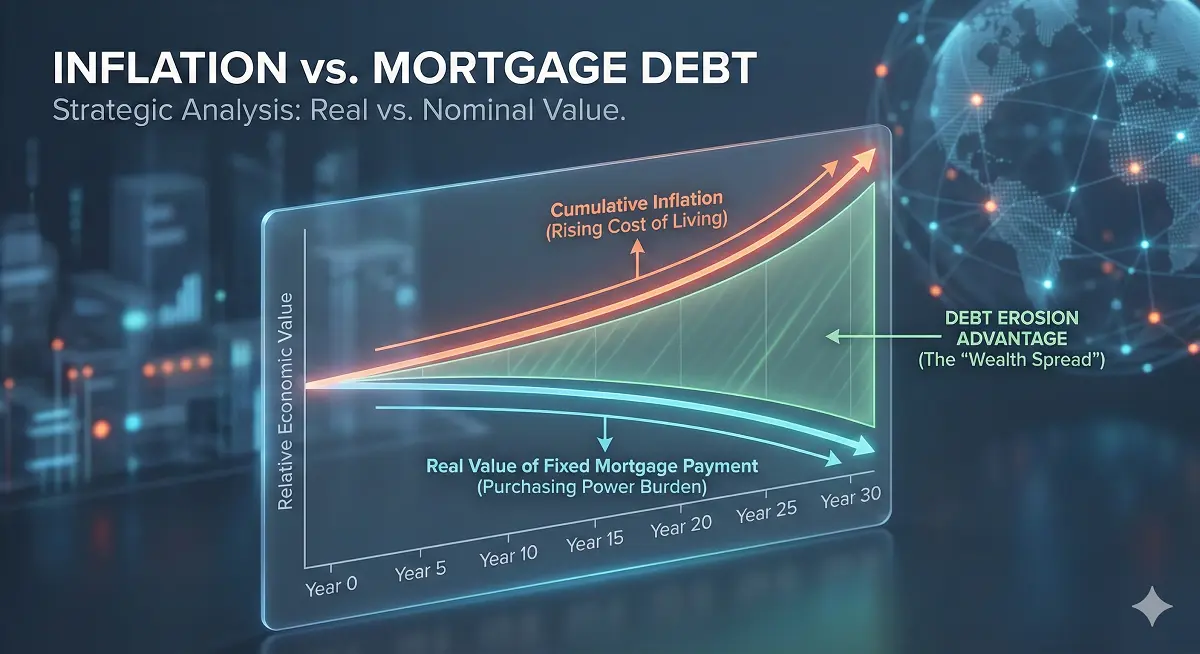 Analytical line graph showing the divergence between rising cumulative inflation and the decreasing real value of a fixed-rate mortgage payment over a 30-year timeline, illustrating the debt erosion wealth spread.